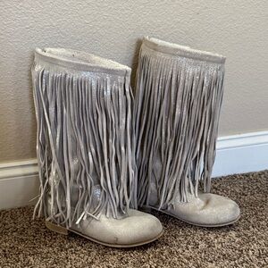 Joyfolie Fringe Glitter Knee-High Boots in Light Silver